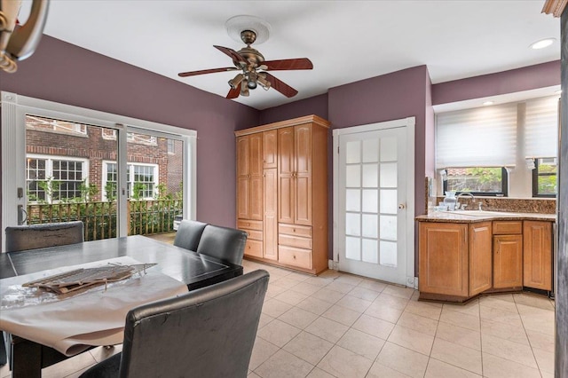 345 Broadway, Lawrence, NY 11559 - home office featuring healthy amount of natural light, ceiling fan, light tile patterned floors, and recessed lighting