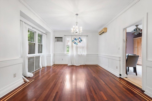 345 Broadway, Lawrence, NY 11559 - unfurnished dining area featuring a chandelier, an AC wall unit, wood finished floors, wainscoting, and a wall mounted AC