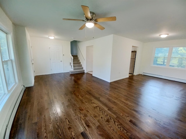 14 Laddie Rd, Middletown, NY 10941 - unfurnished living room featuring a baseboard radiator, stairway, dark wood-style flooring, and ceiling fan