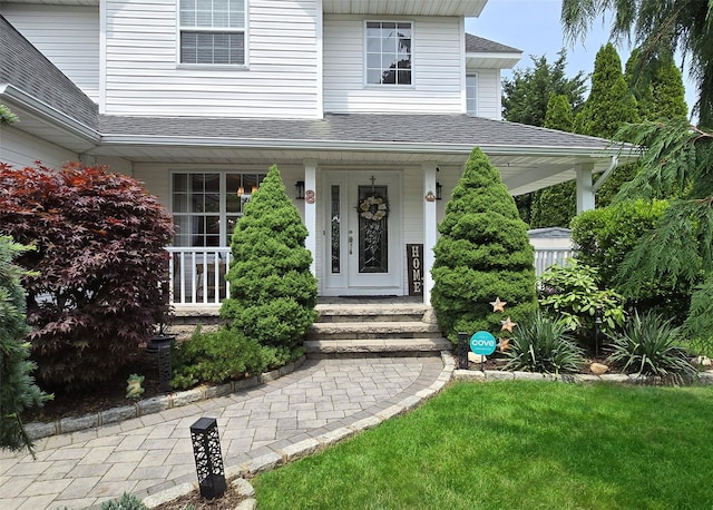 8 Long House Way, Commack, NY 11725 - entrance to property featuring a porch and a shingled roof