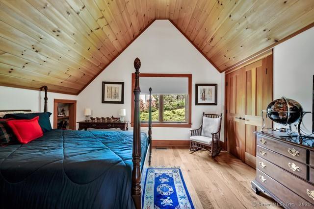 218 Kuhne Rd, Call Listing Agent, CT 06488 - bedroom featuring wood finished floors, vaulted ceiling, and wooden ceiling