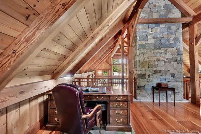 218 Kuhne Rd, Call Listing Agent, CT 06488 - office with wood finished floors, wood ceiling, and wooden walls