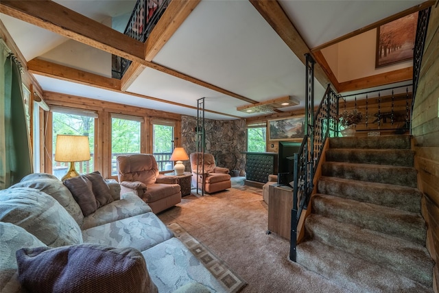 442 Main St, Grahamsville, NY 12740 - carpeted living room with stairs and beamed ceiling