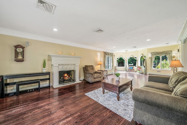 23 Antona Blvd, Centereach, NY 11720 - living room with crown molding, wood finished floors, a premium fireplace, and recessed lighting
