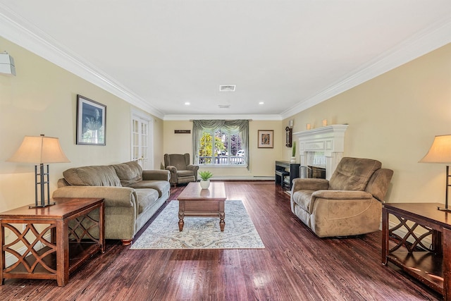 23 Antona Blvd, Centereach, NY 11720 - living area with wood finished floors, crown molding, a fireplace, and recessed lighting