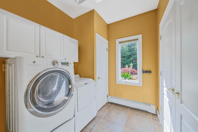 23 Antona Blvd, Centereach, NY 11720 - laundry room with a baseboard heating unit, cabinet space, washer and clothes dryer, and light tile patterned flooring