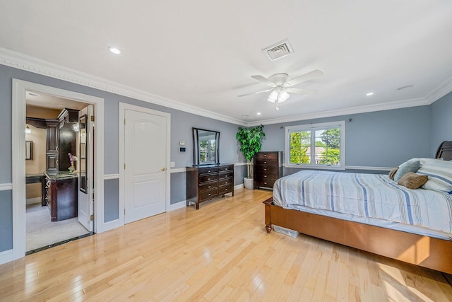 23 Antona Blvd, Centereach, NY 11720 - bedroom with light wood finished floors, ornamental molding, recessed lighting, and a ceiling fan
