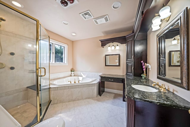 23 Antona Blvd, Centereach, NY 11720 - bathroom featuring a bath, vanity, a shower stall, tile patterned floors, and recessed lighting