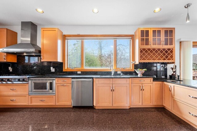 64-16 211th St, Bayside, NY 11364 - kitchen featuring wall chimney range hood, appliances with stainless steel finishes, decorative backsplash, recessed lighting, and glass insert cabinets