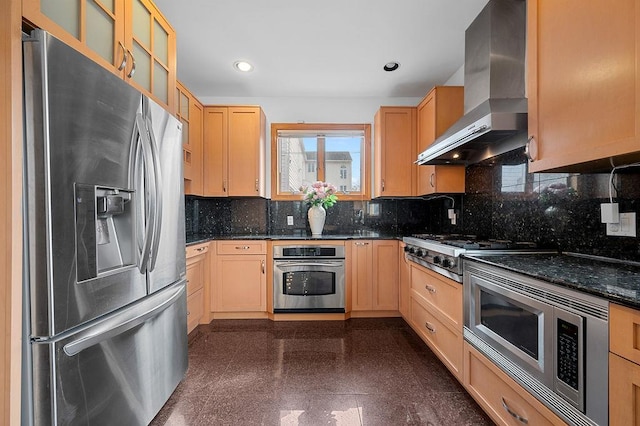 64-16 211th St, Bayside, NY 11364 - kitchen with stainless steel appliances, wall chimney range hood, glass insert cabinets, light brown cabinetry, and backsplash