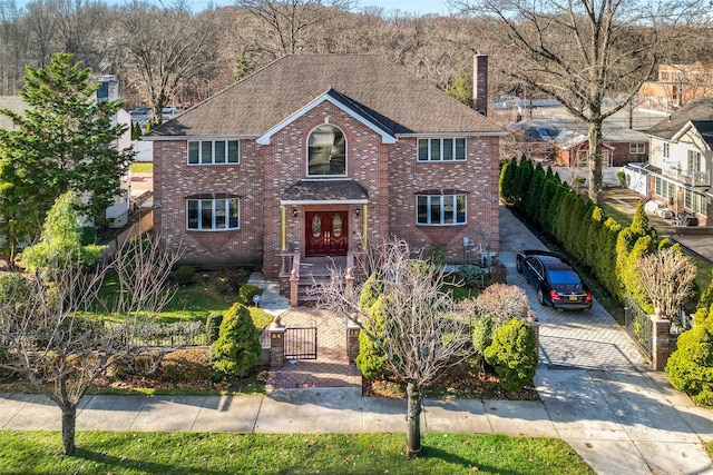 64-16 211th St, Bayside, NY 11364 - traditional-style house featuring a fenced front yard, a chimney, brick siding, a gate, and roof with shingles