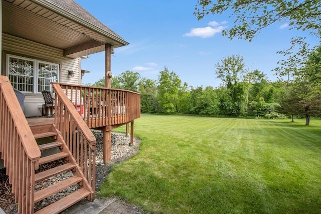 32 Gellatly Dr, Wappingers Falls, NY 12590 - view of grassy yard with a wooden deck and stairs