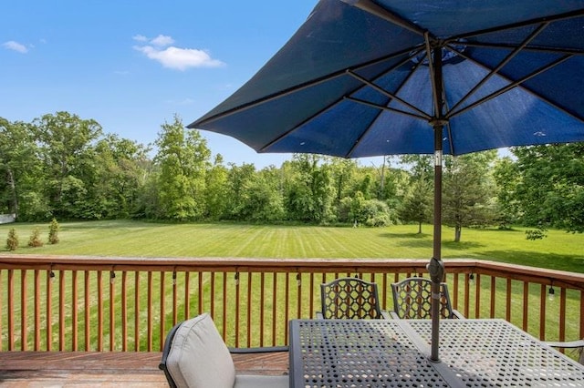 32 Gellatly Dr, Wappingers Falls, NY 12590 - wooden deck featuring outdoor dining space, a yard, and view of wooded area
