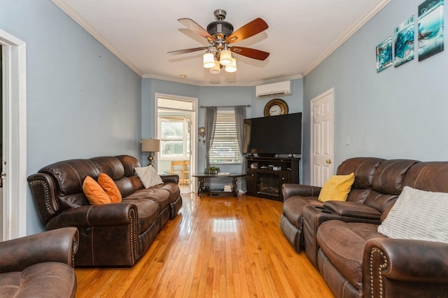 123 Clinton Ave, New Rochelle, NY 10801 - living area featuring a wall mounted air conditioner, ceiling fan, light wood-type flooring, and crown molding