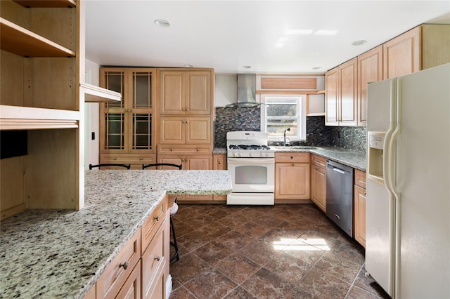 414 Bear Ridge Rd, Pleasantville, NY 10570 - kitchen with white appliances, wall chimney range hood, open shelves, light brown cabinets, and tasteful backsplash