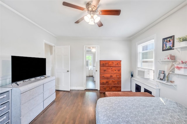 189 Stanton Blvd, Uniondale, NY 11553 - bedroom featuring ornamental molding, dark wood-type flooring, a ceiling fan, and cooling unit