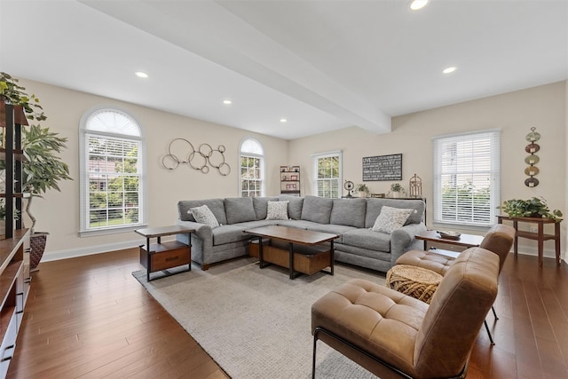 41 Carlton Dr, Mount Kisco, NY 10549 - living room with recessed lighting, dark wood-style flooring, and beamed ceiling