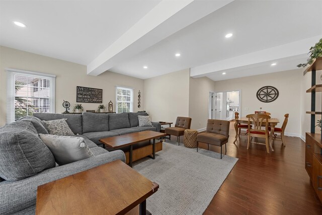 41 Carlton Dr, Mount Kisco, NY 10549 - living area featuring beam ceiling, dark wood-style floors, and recessed lighting