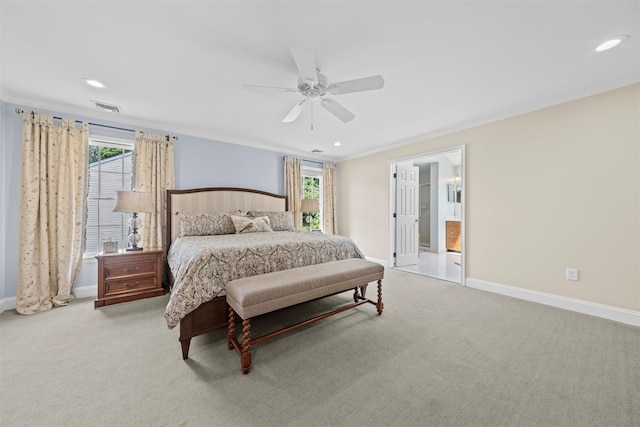 41 Carlton Dr, Mount Kisco, NY 10549 - carpeted bedroom featuring multiple windows, crown molding, a ceiling fan, recessed lighting, and ensuite bathroom