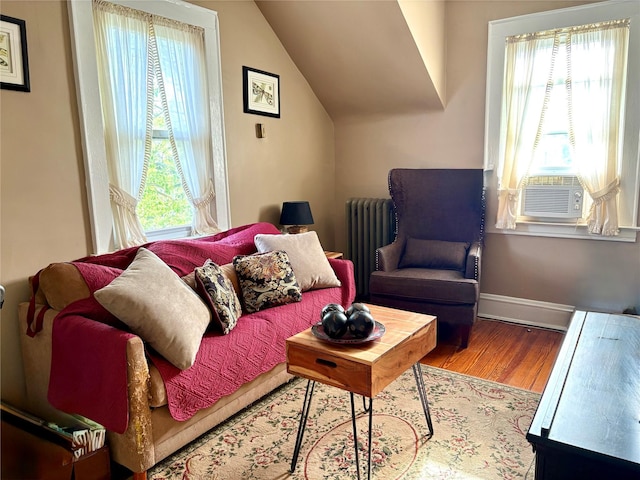 44 Waldo Ave, East Rockaway, NY 11518 - living area featuring radiator, plenty of natural light, cooling unit, and lofted ceiling