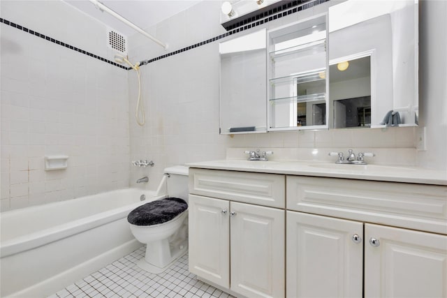 16641 Powells Cove Blvd Unit 6A, Beechhurst, NY 11357 - bathroom featuring double vanity,  shower combination, tile patterned flooring, backsplash, and tile walls