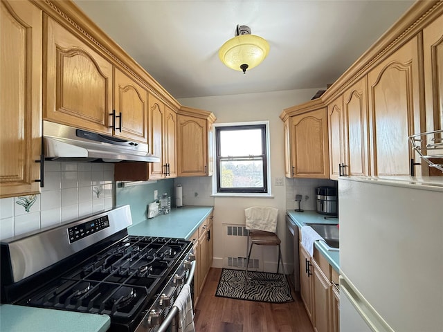 143-50 Hoover Ave Unit 302, Bayside, NY 11435 - kitchen featuring stainless steel range with gas cooktop, under cabinet range hood, freestanding refrigerator, light countertops, and dark wood-style flooring