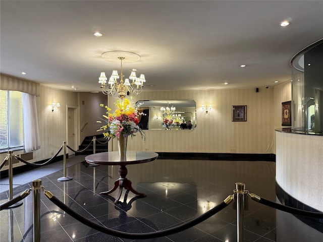 143-50 Hoover Ave Unit 302, Bayside, NY 11435 - dining room with granite floors, recessed lighting, and a chandelier