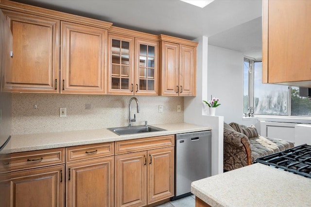 1270 N Ave Unit 5A, New Rochelle, NY 10804 - kitchen featuring stainless steel dishwasher, light countertops, decorative backsplash, and glass insert cabinets