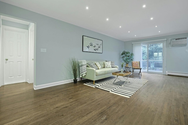 13 Darian Ct Unit 2B, Pomona, NY 10970 - living room featuring an AC wall unit, a baseboard heating unit, wood finished floors, crown molding, and recessed lighting