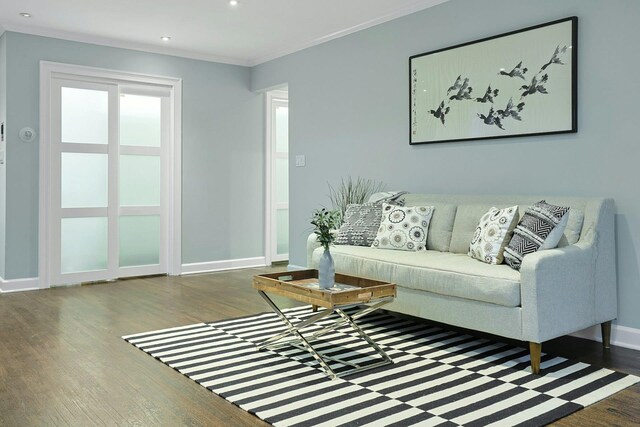 13 Darian Ct Unit 2B, Pomona, NY 10970 - living room featuring wood finished floors, crown molding, and recessed lighting