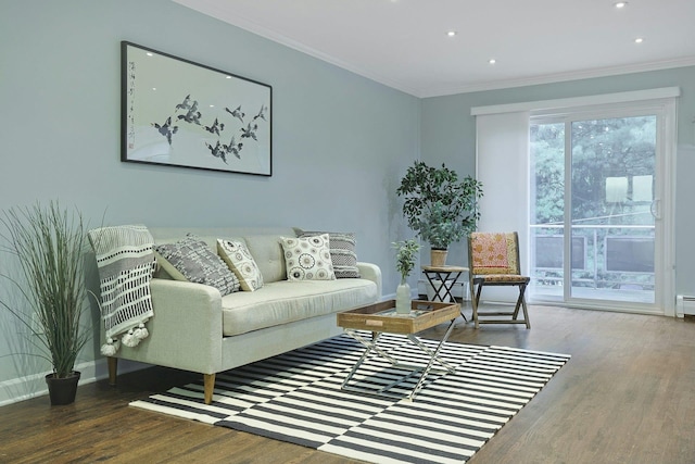 13 Darian Ct Unit 2B, Pomona, NY 10970 - living room featuring wood finished floors, ornamental molding, recessed lighting, and a baseboard radiator