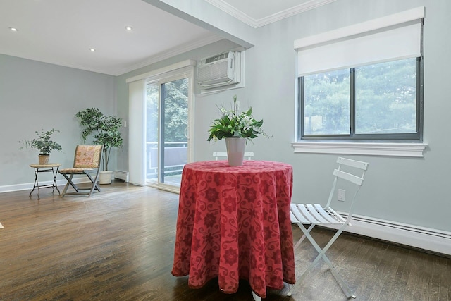 13 Darian Ct Unit 2B, Pomona, NY 10970 - dining room featuring a wall mounted air conditioner, wood finished floors, ornamental molding, baseboard heating, and recessed lighting