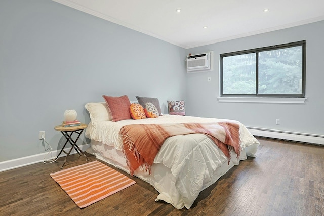 13 Darian Ct Unit 2B, Pomona, NY 10970 - bedroom with a wall unit AC, baseboard heating, crown molding, wood finished floors, and recessed lighting