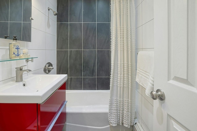 13 Darian Ct Unit 2B, Pomona, NY 10970 - full bathroom featuring tile walls, vanity, shower / bath combination with curtain, and backsplash
