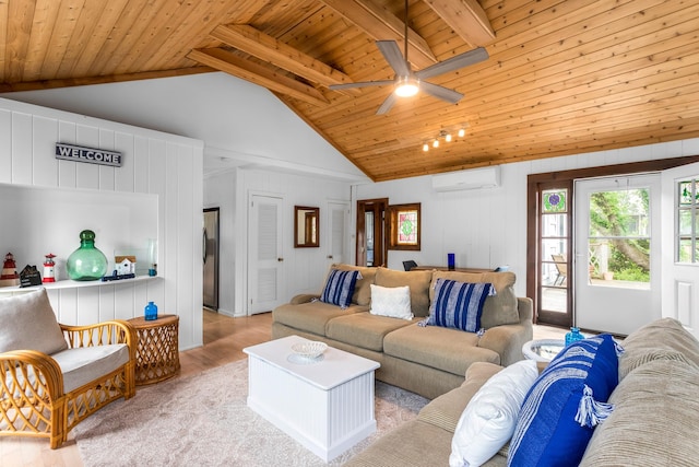 146 Doctors Walk, Cherry Grove, NY 11782 - living area with a wall mounted AC, wood ceiling, wood finished floors, ceiling fan, and wooden walls