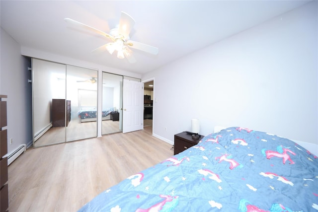 1205 65th St Unit A, Brooklyn, NY 11219 - bedroom with a baseboard radiator, multiple closets, wood finished floors, and a ceiling fan