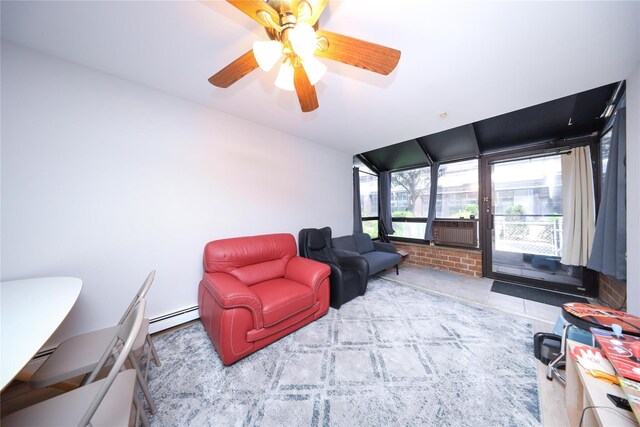 1205 65th St Unit A, Brooklyn, NY 11219 - living area with baseboard heating, a ceiling fan, and lofted ceiling