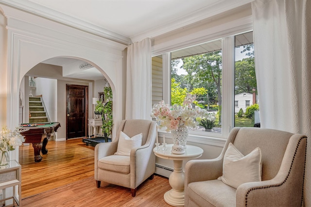 6 Pine St N, Lake Grove, NY 11755 - living area featuring arched walkways, ornamental molding, light wood-style flooring, billiards, and a baseboard radiator