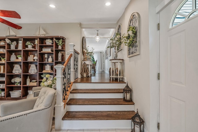 6 Pine St N, Lake Grove, NY 11755 - stairway featuring recessed lighting, tile patterned flooring, and a ceiling fan