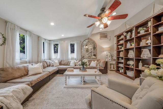 6 Pine St N, Lake Grove, NY 11755 - living room with a ceiling fan, a wall mounted air conditioner, recessed lighting, and vaulted ceiling