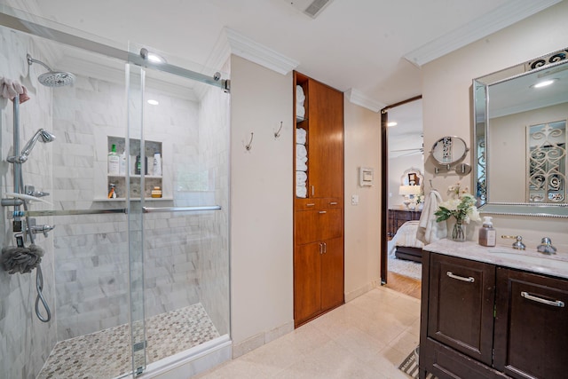 6 Pine St N, Lake Grove, NY 11755 - full bathroom with ornamental molding, a shower stall, vanity, connected bathroom, and recessed lighting