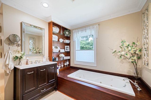 6 Pine St N, Lake Grove, NY 11755 - full bath with vanity, a tub with jets, and crown molding