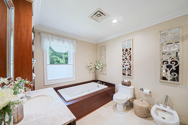 6 Pine St N, Lake Grove, NY 11755 - full bathroom featuring a jetted tub, ornamental molding, vanity, and a bidet