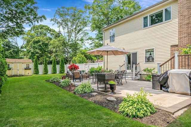 6 Pine St N, Lake Grove, NY 11755 - view of yard with entry steps, a patio, and a storage shed