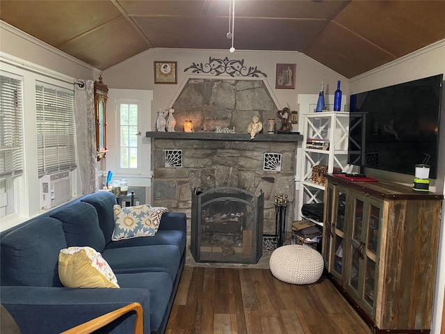 47 E Catskill Trl, Smallwood, NY 12778 - living room with vaulted ceiling, hardwood / wood-style floors, cooling unit, and a stone fireplace