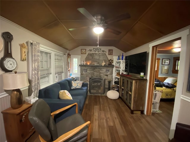 47 E Catskill Trl, Smallwood, NY 12778 - living room featuring ceiling fan, wood finished floors, vaulted ceiling, and a fireplace