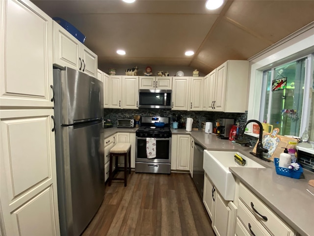 47 E Catskill Trl, Smallwood, NY 12778 - kitchen featuring appliances with stainless steel finishes, backsplash, dark wood finished floors, recessed lighting, and white cabinets