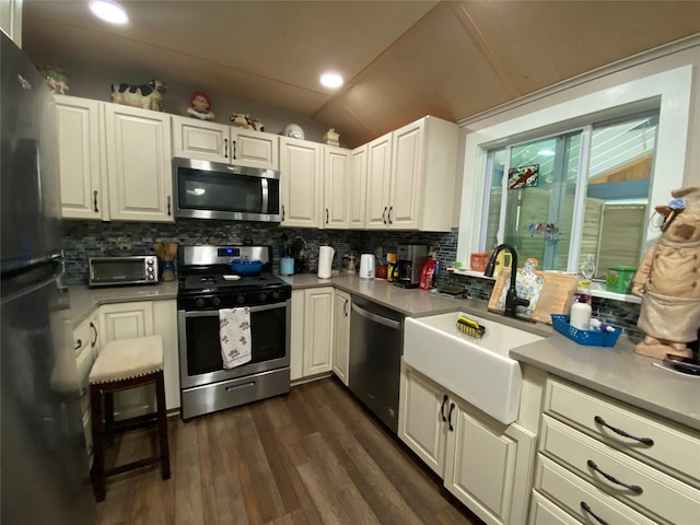 47 E Catskill Trl, Smallwood, NY 12778 - kitchen featuring appliances with stainless steel finishes, tasteful backsplash, lofted ceiling, dark wood-style flooring, and light countertops