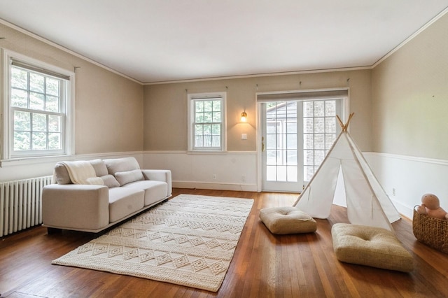 50 Overlook Dr, Chappaqua, NY 10514 - living area featuring radiator, wood finished floors, and ornamental molding