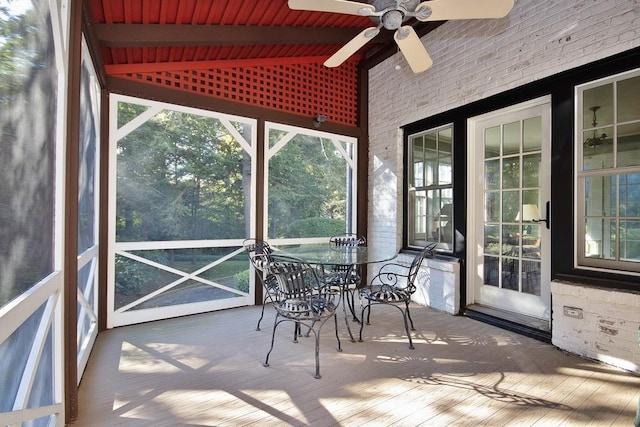 50 Overlook Dr, Chappaqua, NY 10514 - sunroom / solarium with ceiling fan, outdoor dining space, wood finished floors, and high vaulted ceiling